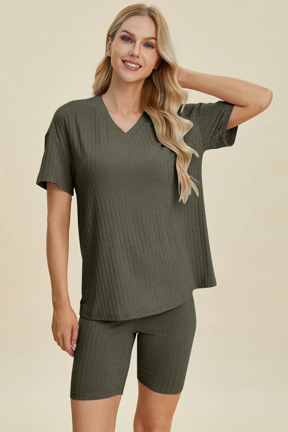 Basic Bae Full Size Ribbed V-Neck Shorts Sleeve Tops and Shorts Sets | Nikki &amp; Co. Boutique