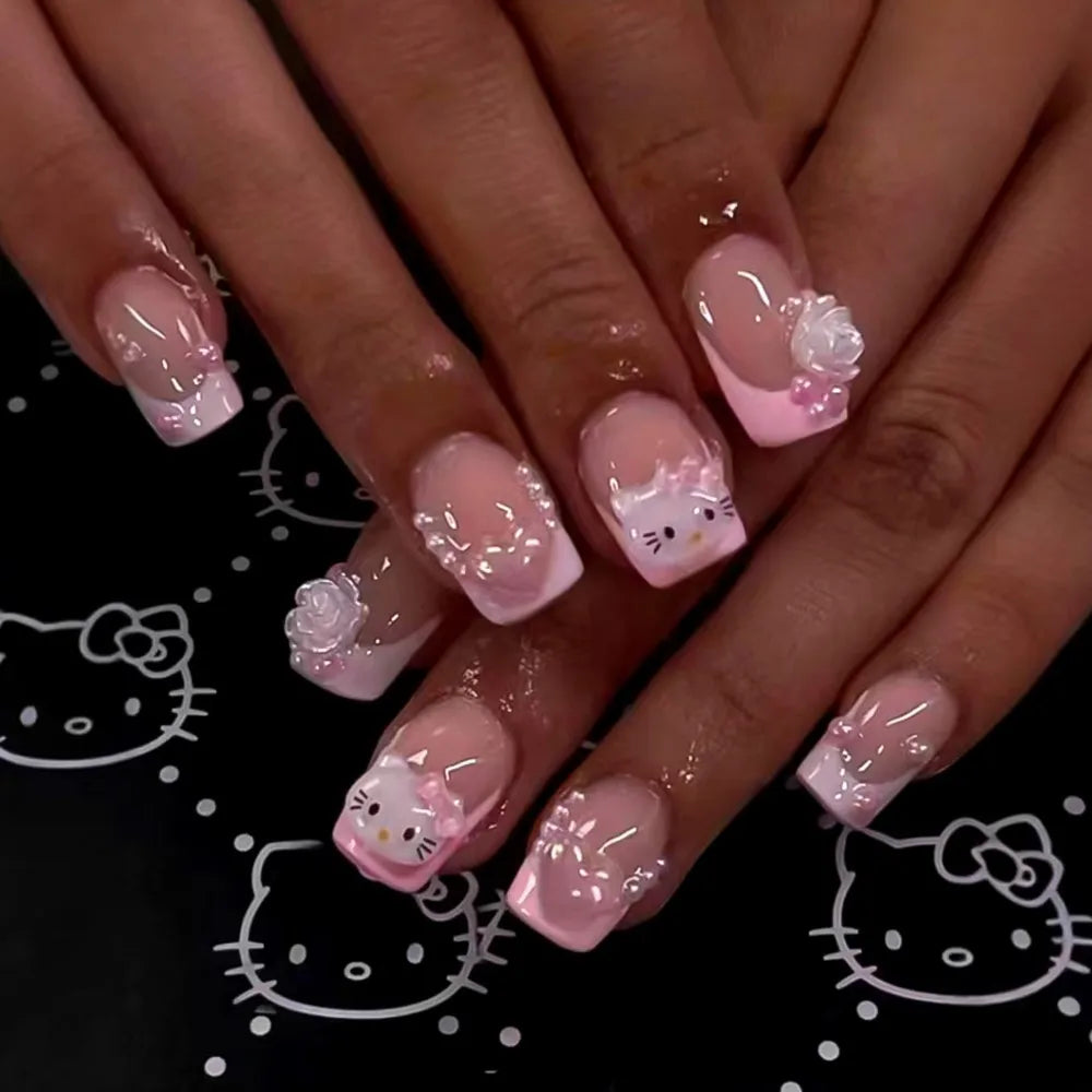 24 pcs Short, Square, Pink Kitty Cat Press on Fake Nails - Cute Cartoon Hello Kitty Nail Tips with Camellia Pearl Handmade Nail Patch