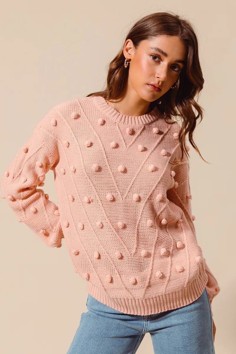 SO ME Pom-Pom Textured-Knit Sweater Top | Blush - Nikki &amp; Co. Boutique