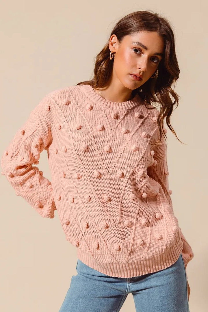 SO ME Pom-Pom Textured-Knit Sweater Top | Blush - Nikki &amp; Co. Boutique