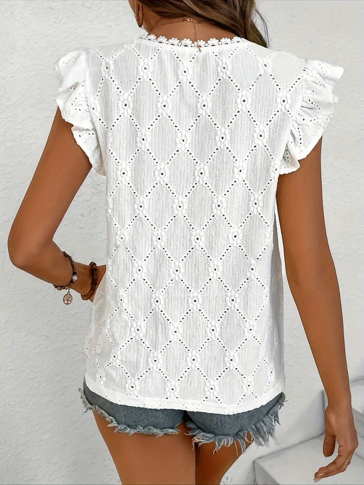Ruffled Eyelet V - Neck Cap Sleeve Blouse - Nikki &amp; Co. Boutique