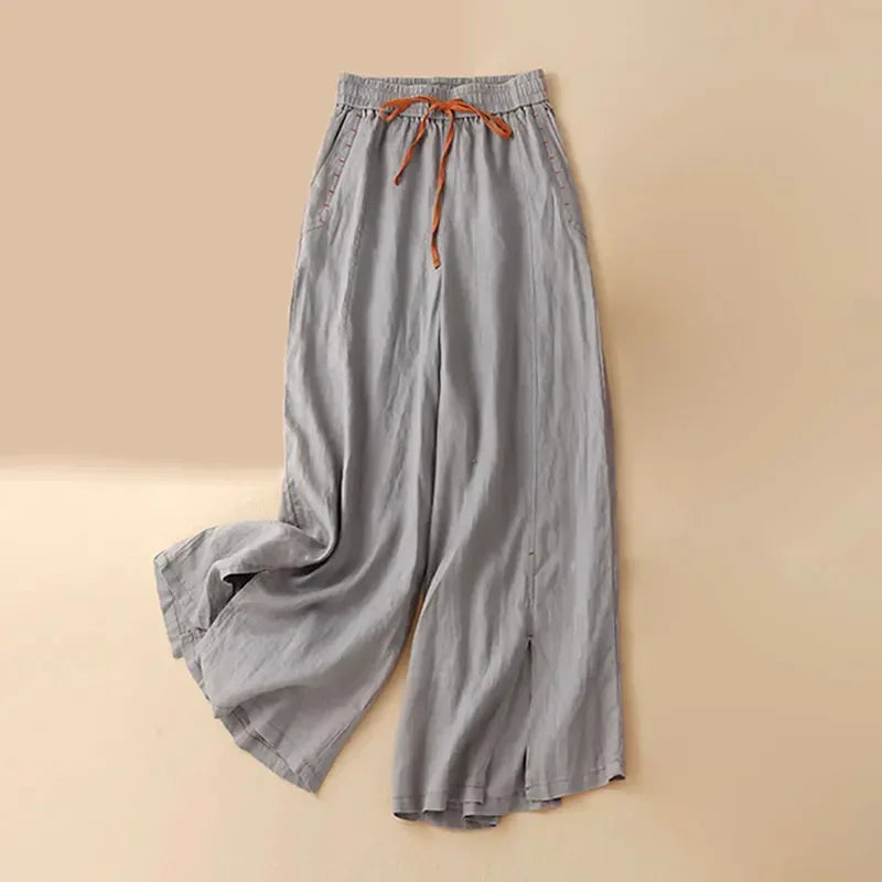 Gray Cotton Linen Casual Elastic High Waist Loose Wide Leg Women's Pants Ankle-Length Pants For Women Clothing Fashion