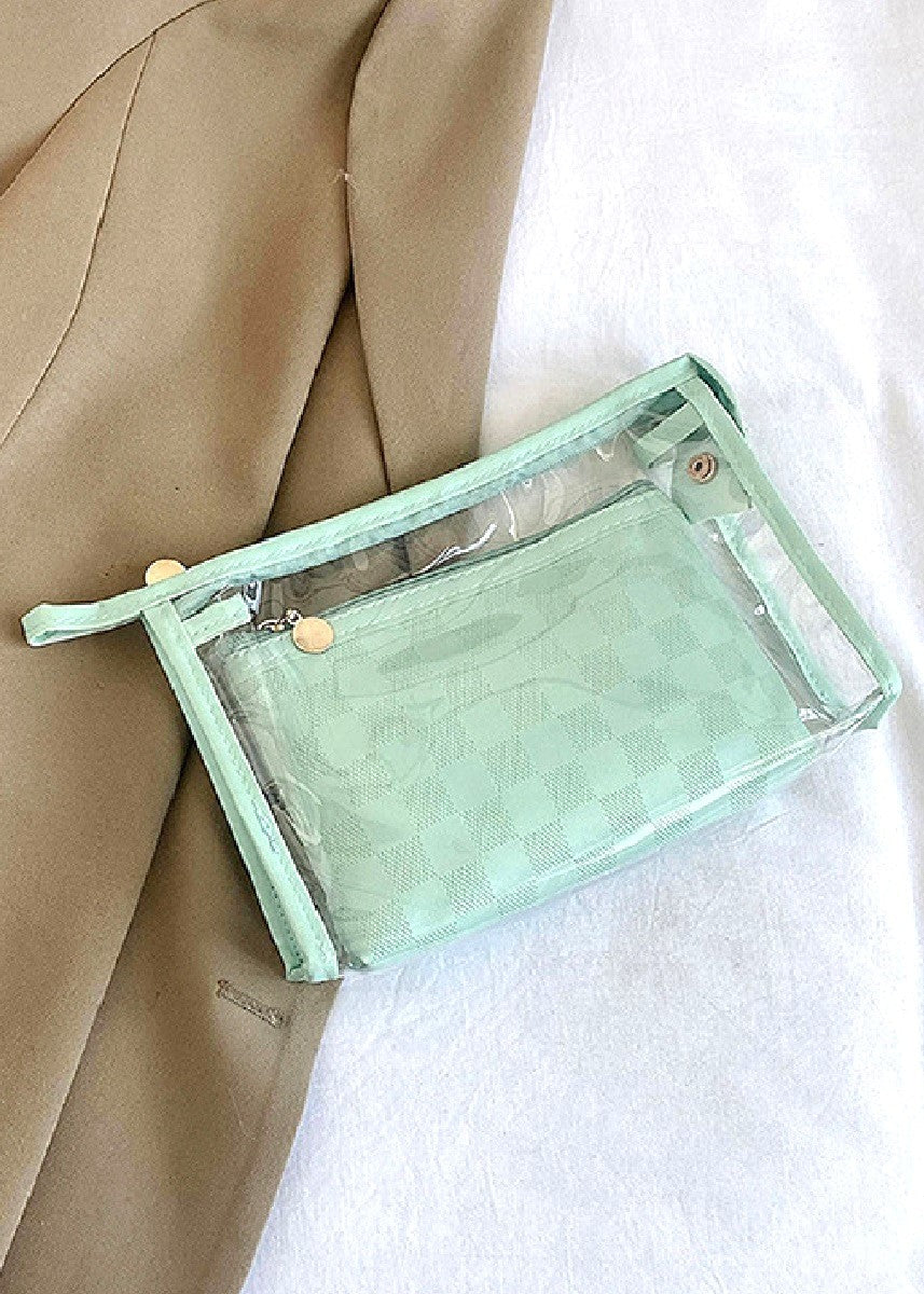 Clear large make up bag with color outline and smaller matching colored second bag