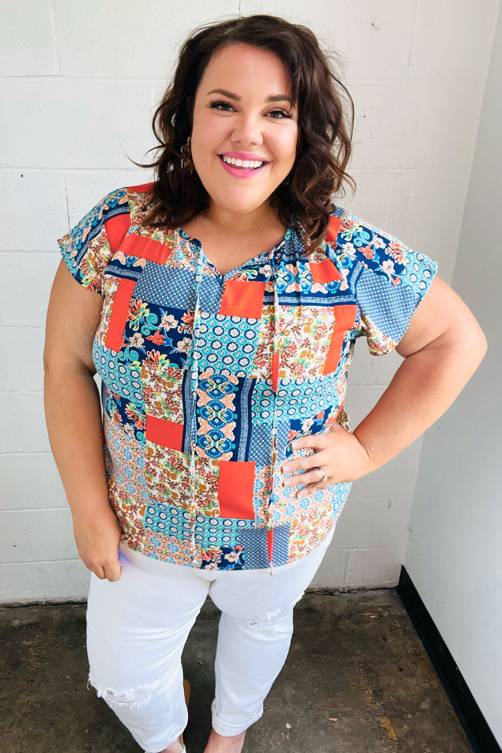 Blue & Orange Boho Patchwork Raglan Tops | Nikki & Co. Boutique