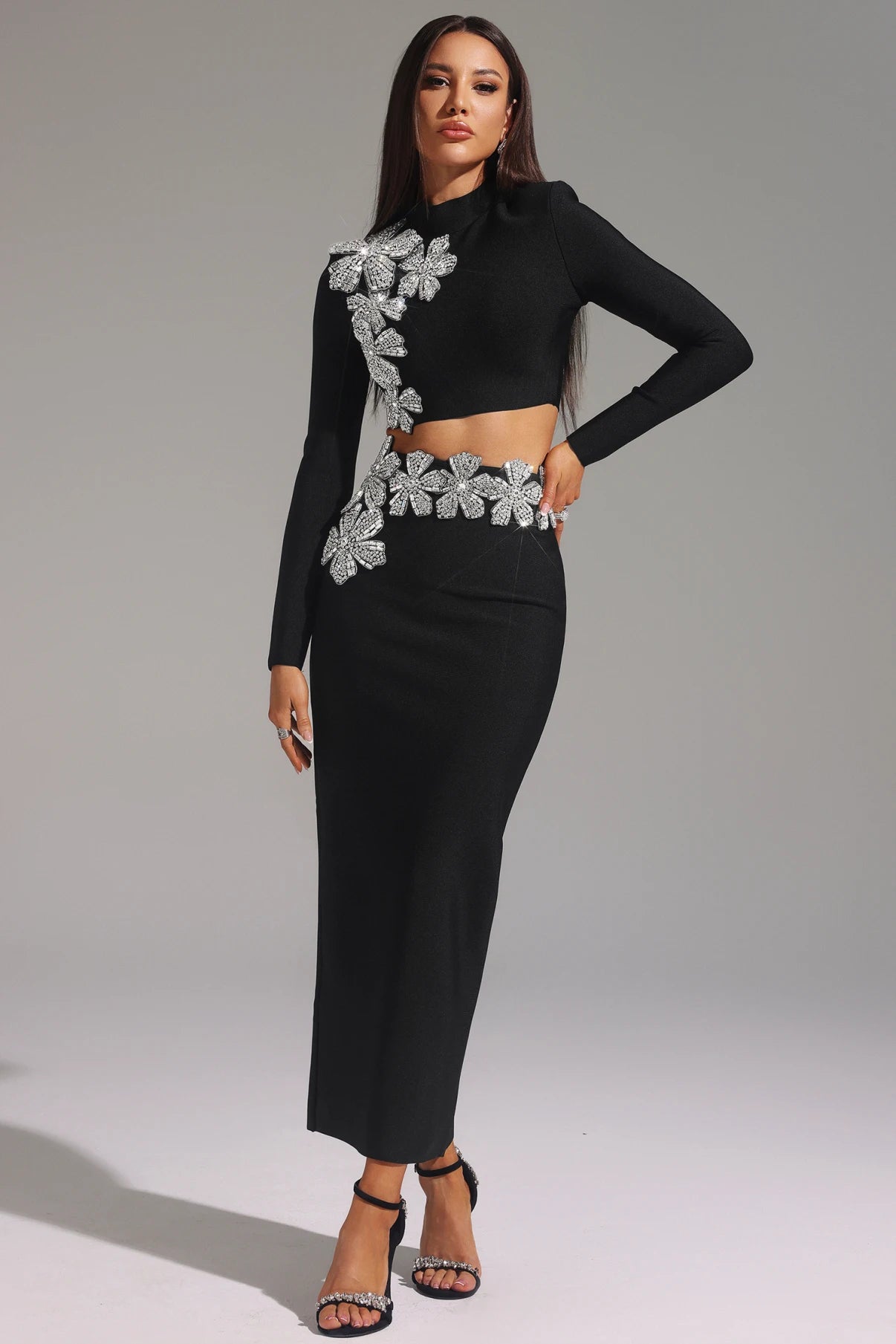 Ulama Choker Long Sleeve Diamond Flowers Bandage Maxi Two-Piece Set