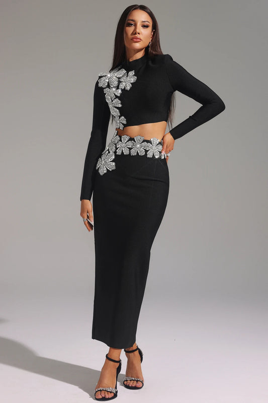 Ulama Choker Long Sleeve Diamond Flowers Bandage Maxi Two-Piece Set