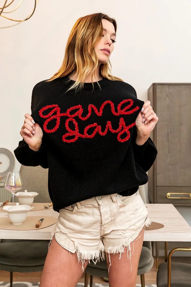BiBi Game Day Metallic Letter Sweater | Black &amp; Red - Nikki &amp; Co. Boutique