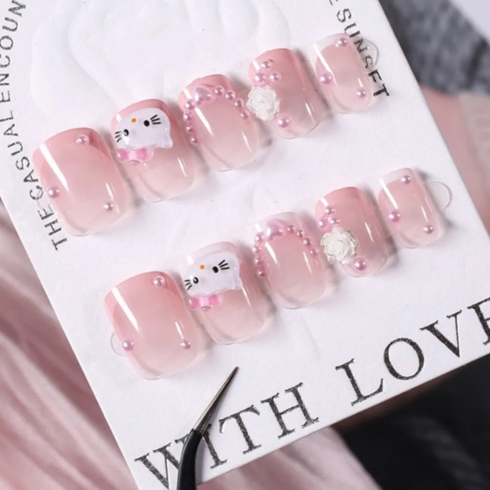 24 pcs Short, Square, Pink Kitty Cat Press on Fake Nails - Cute Cartoon Hello Kitty Nail Tips with Camellia Pearl Handmade Nail Patch