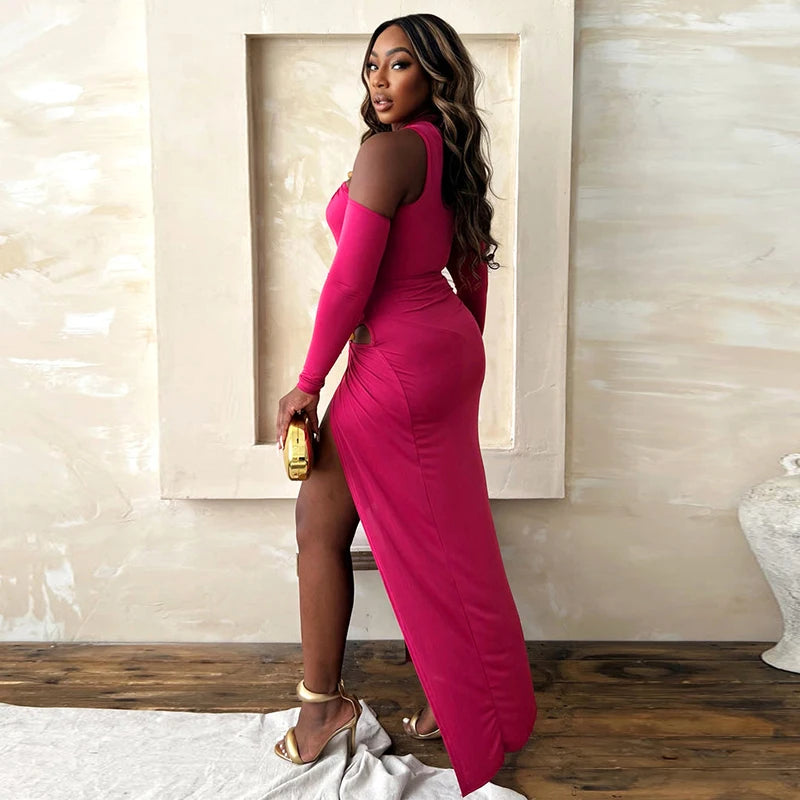 CUTENOVA Autumn New Single Shoulder Half High Neck Long Sleeve Sexy Hollow Out Bodysuit + High Split Long Dress Set Elegant