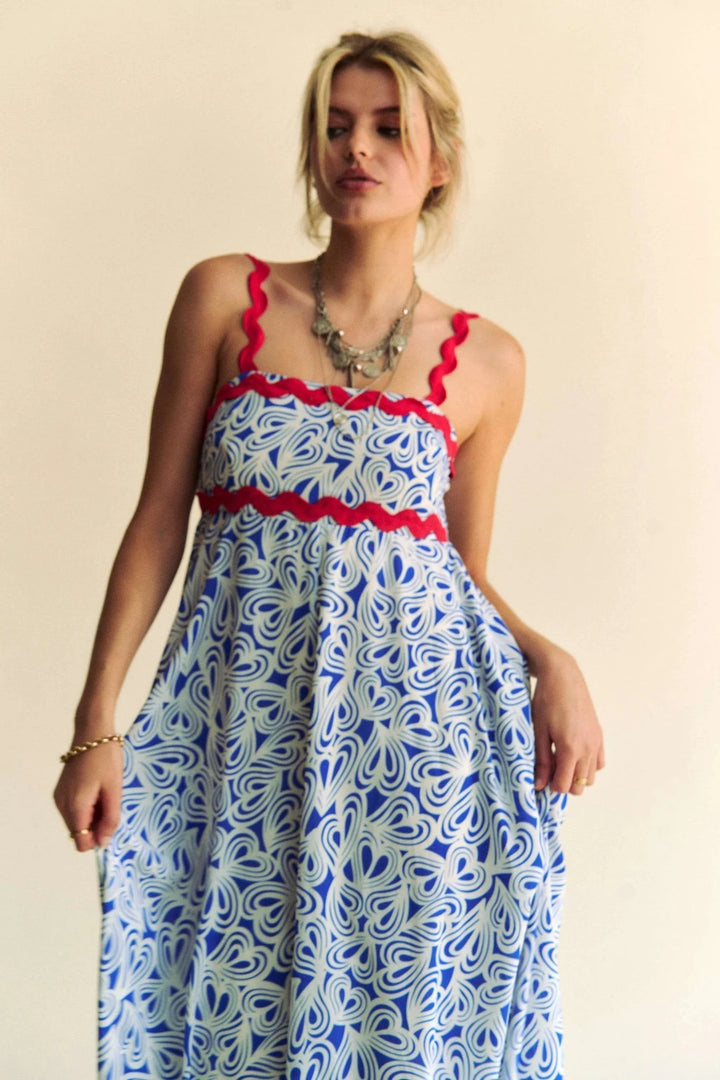 Davi &amp; Dani Contrast Velvet Tape Smocked Bodice Midi Dress in Cobalt Blue - Nikki &amp; Co. Boutique