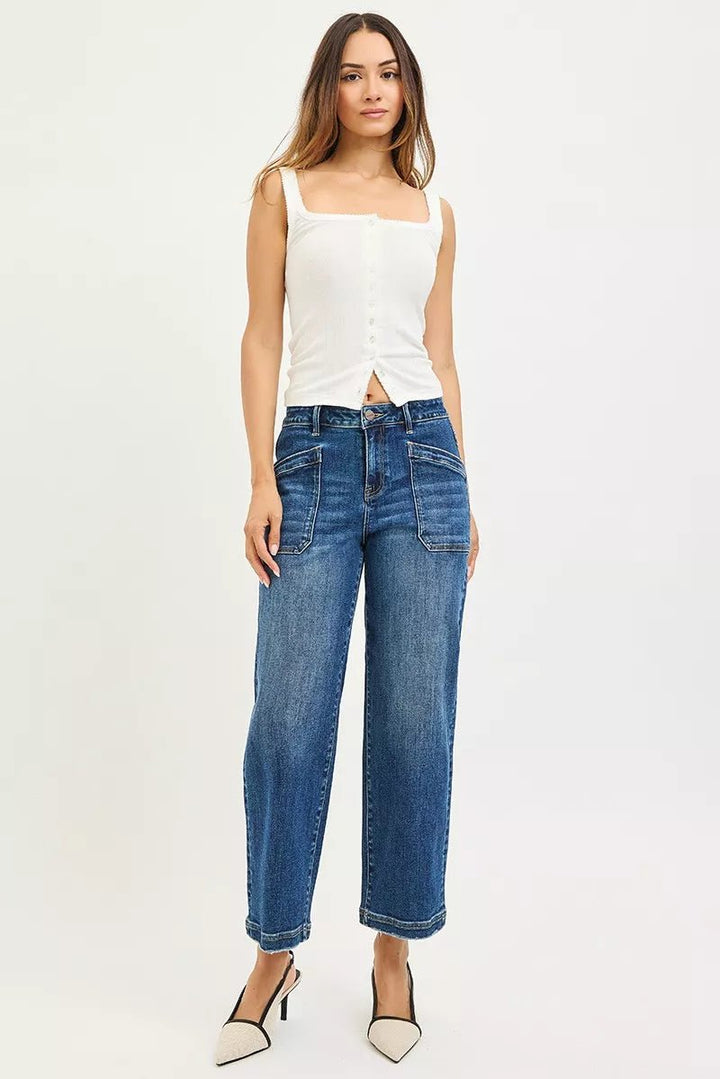 RISEN Slouchy Cropped Baggy Jeans with Front Patch Pocket in Dark Wash - Nikki &amp; Co. Boutique