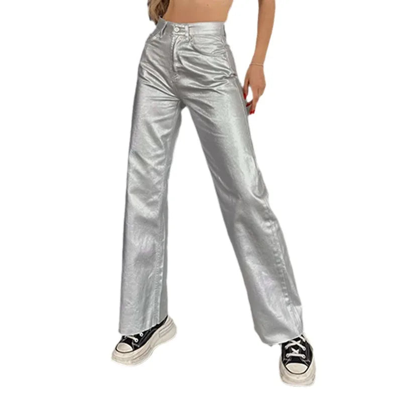 Women's Shiny Metallic Holographic Straight Wide-Leg Long Pants Spring Gold Silver Trousers Clubwear with Pockets