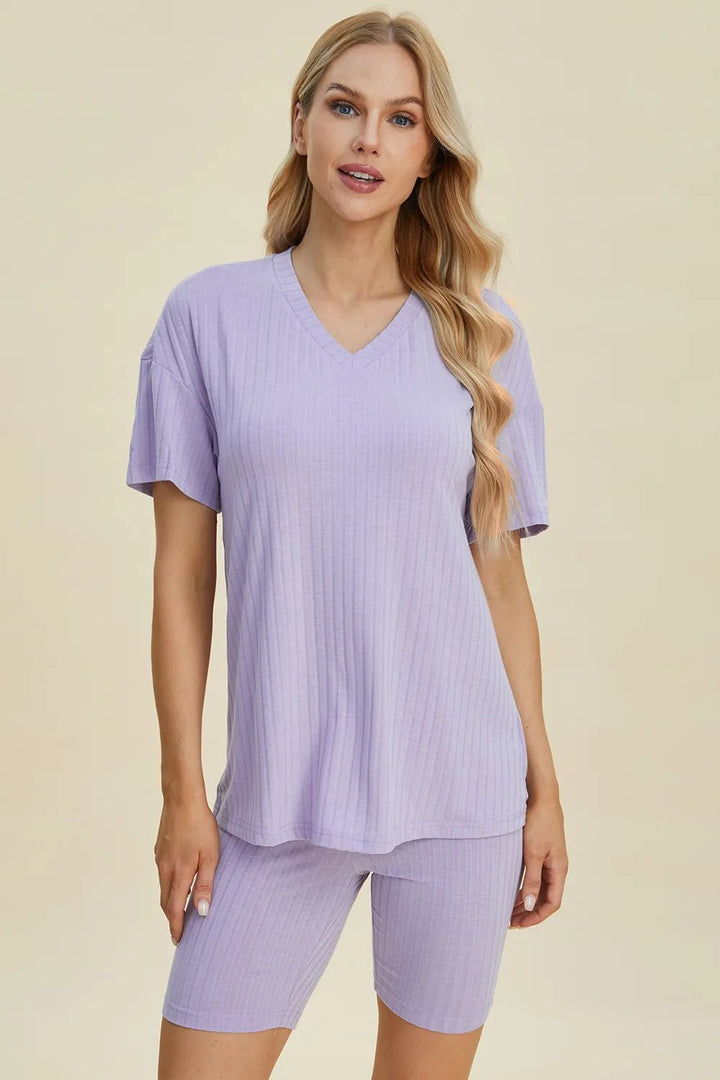 Basic Bae Full Size Ribbed V-Neck Shorts Sleeve Tops and Shorts Sets | Nikki &amp; Co. Boutique