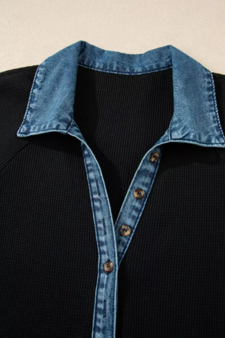 Casual Denim Trim Button - Down Mini Dress in Black - Nikki &amp; Co. Boutique
