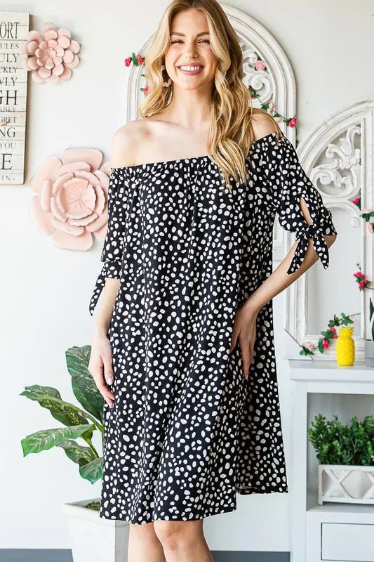 Heimish Full Size Short Sleeve Off Shoulder Animal Mini Dress Plus Size - Nikki &amp; Co. Boutique