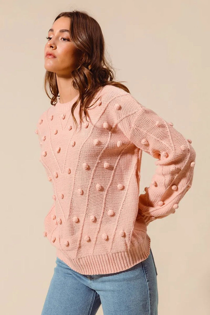 SO ME Pom-Pom Textured-Knit Sweater Top | Blush - Nikki &amp; Co. Boutique
