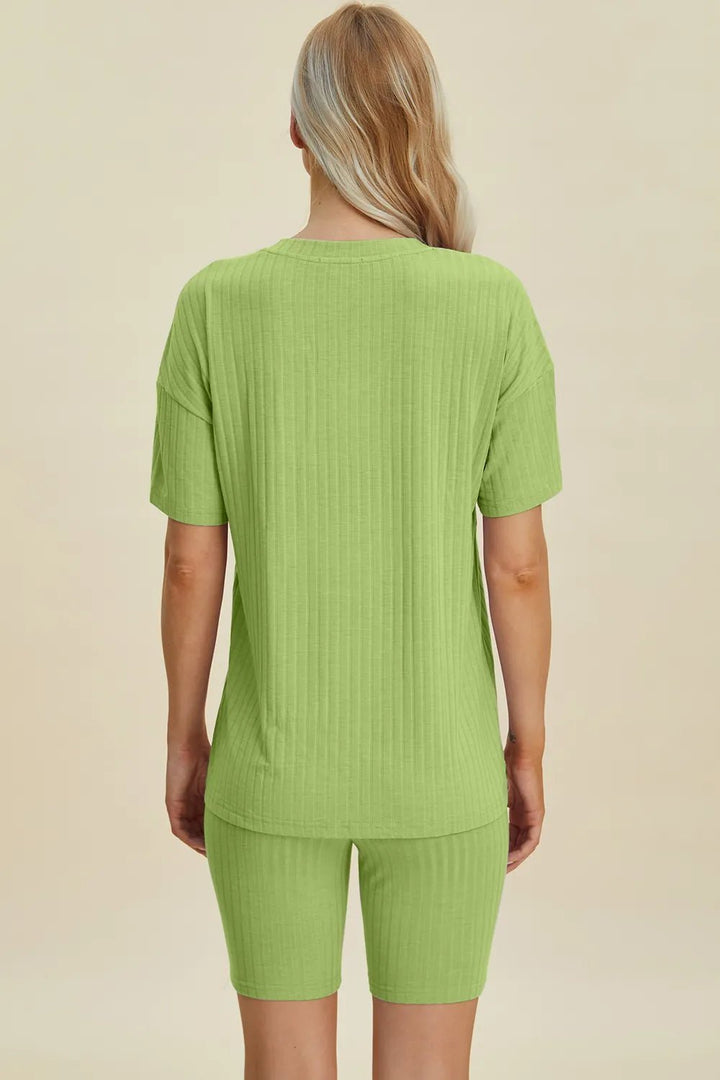 Basic Bae Full Size Ribbed V-Neck Shorts Sleeve Tops and Shorts Sets | Nikki &amp; Co. Boutique