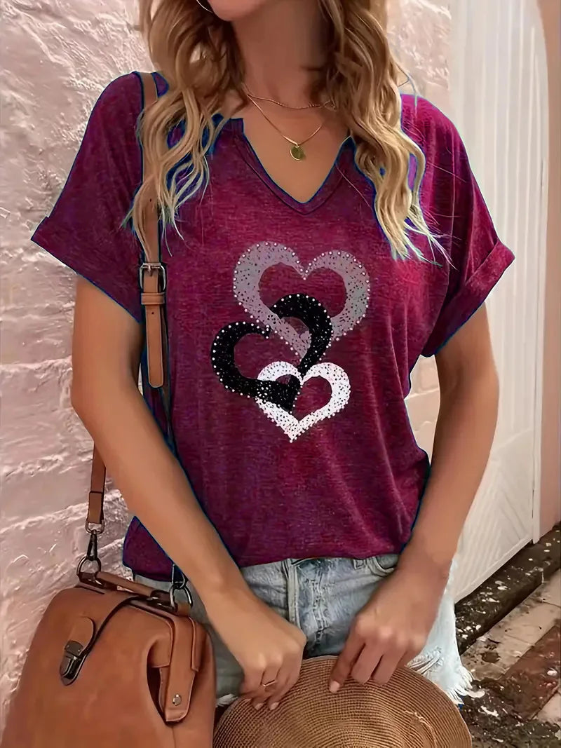 New summer folded sleeve heart print V-neck plus-size short-sleeved T-shirt