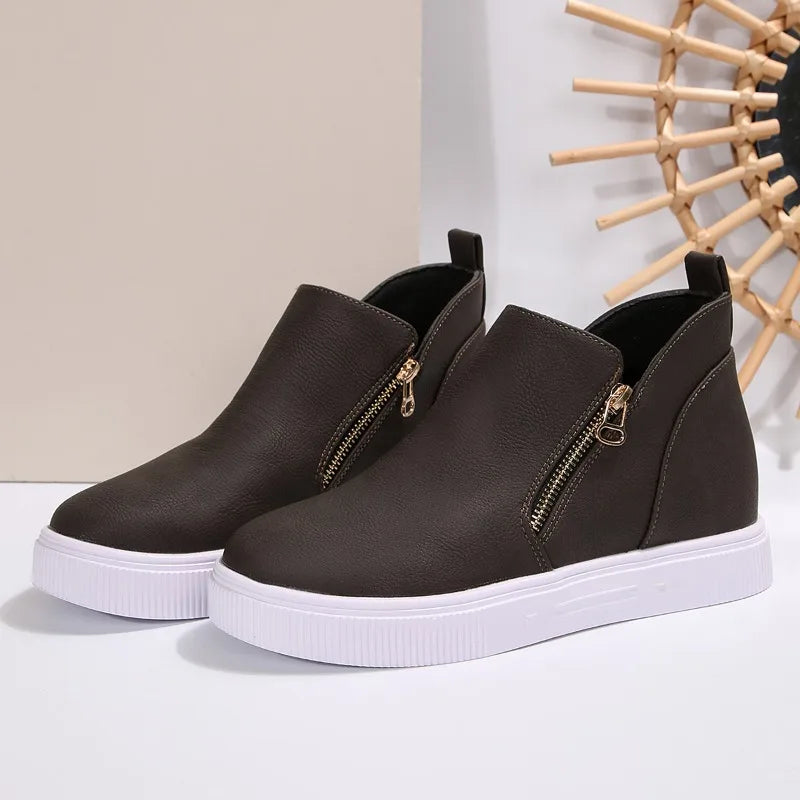 Inside Heightened Single Shoes Autumn New Round Toe Side Zipper Platform Non-Slip Wear-Resistant Flats