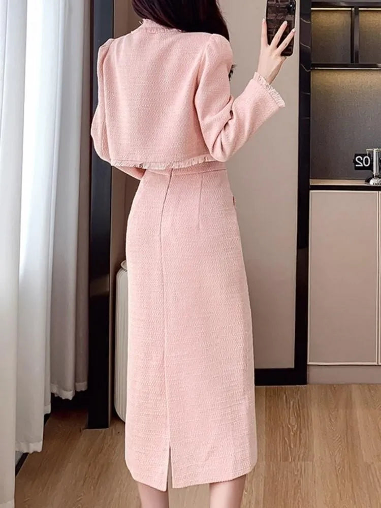 French Elegant Women Pink 2 Pieces Set Autumn Tassel Long Sleeve Coat A-line Chic Midi Skirt Spring Y2k Lady Dress Suits