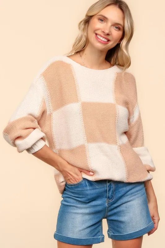 Haptics Full Size Checkered Round Neck Drop Shoulder Sweater - Nikki &amp; Co. Boutique