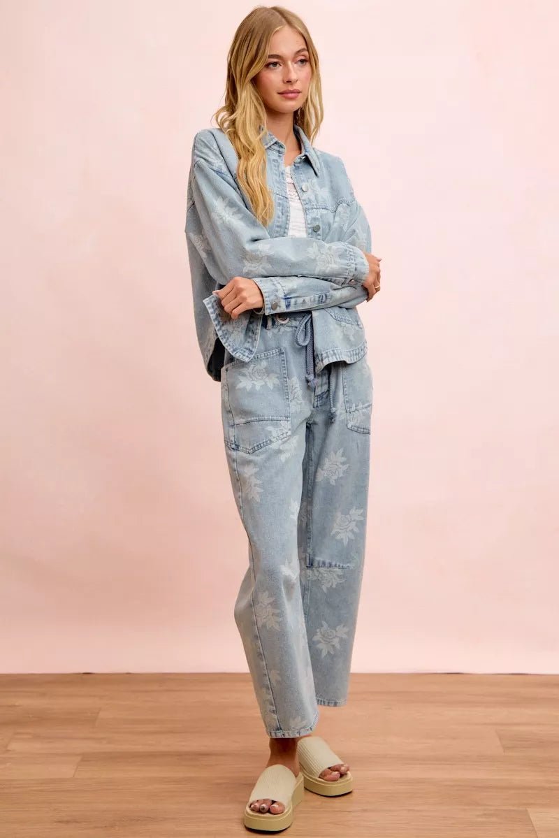 BiBi Printed Washed Denim Jacket With Pocket - Nikki &amp; Co. Boutique