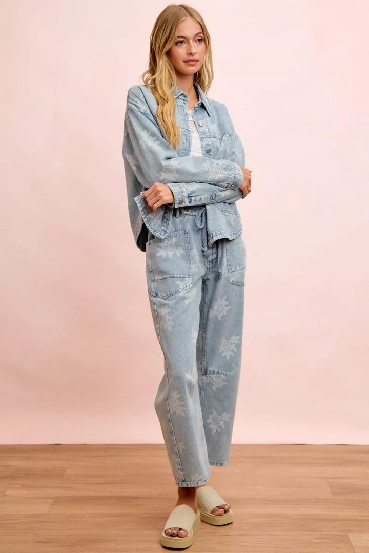 BiBi Printed Washed Denim Jacket With Pocket - Nikki &amp; Co. Boutique