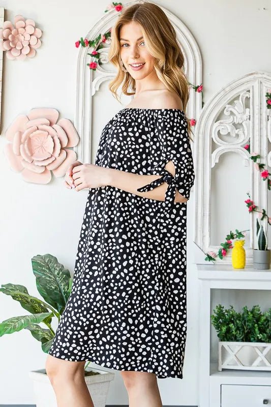 Heimish Full Size Short Sleeve Off Shoulder Animal Mini Dress Plus Size - Nikki &amp; Co. Boutique