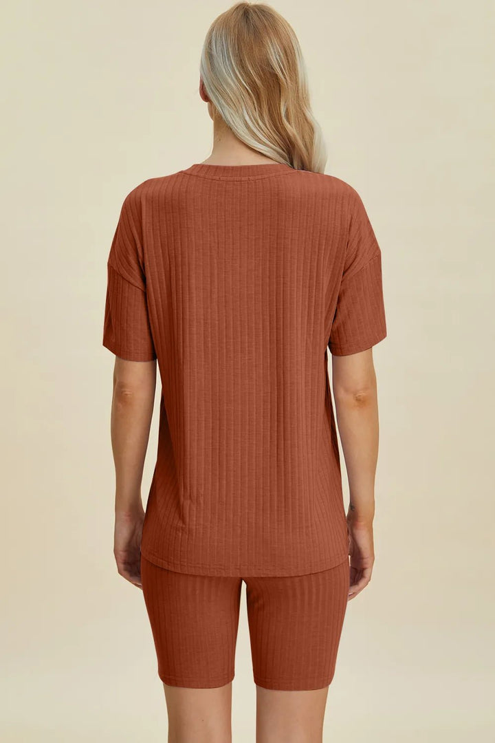 Basic Bae Full Size Ribbed V-Neck Shorts Sleeve Tops and Shorts Sets | Nikki &amp; Co. Boutique
