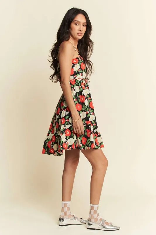 Davi &amp; Dani Floral Scalloped Cutout Back Mini Dress in Black - Nikki &amp; Co. Boutique