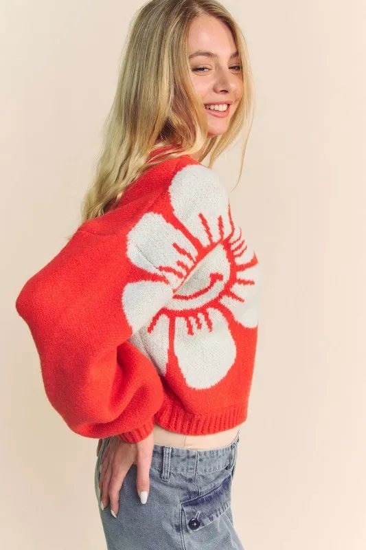 Davi &amp; Dani Flower Contrast Round Neck Long Sleeve Cardigan - Nikki &amp; Co. Boutique
