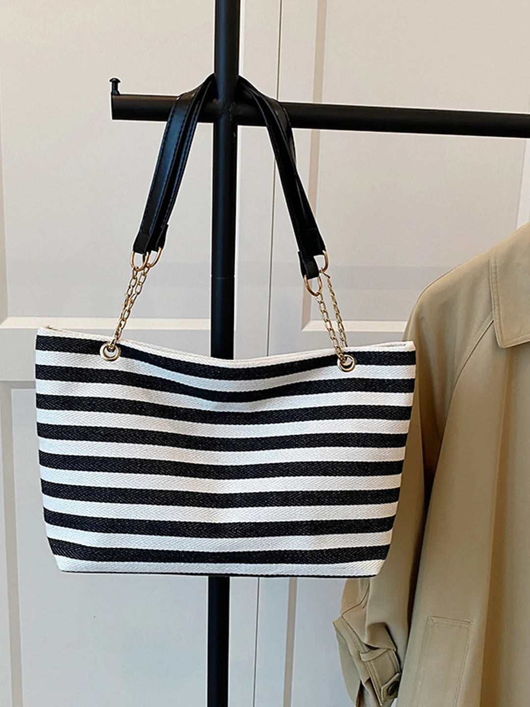 Striped Shoulder Bag with Chain Detail - Nikki &amp; Co. Boutique