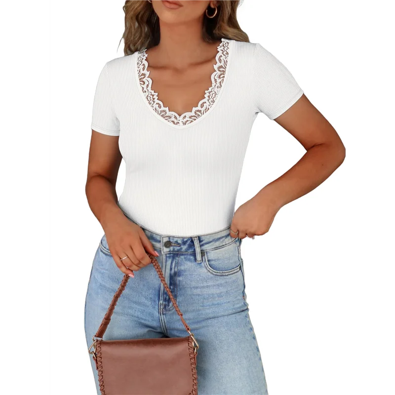 ASDS-Women Short Sleeve Lace V Neck Shirts Ribbed Knit Fitted Business Dressy Casual Summer Blouses T-Shirt