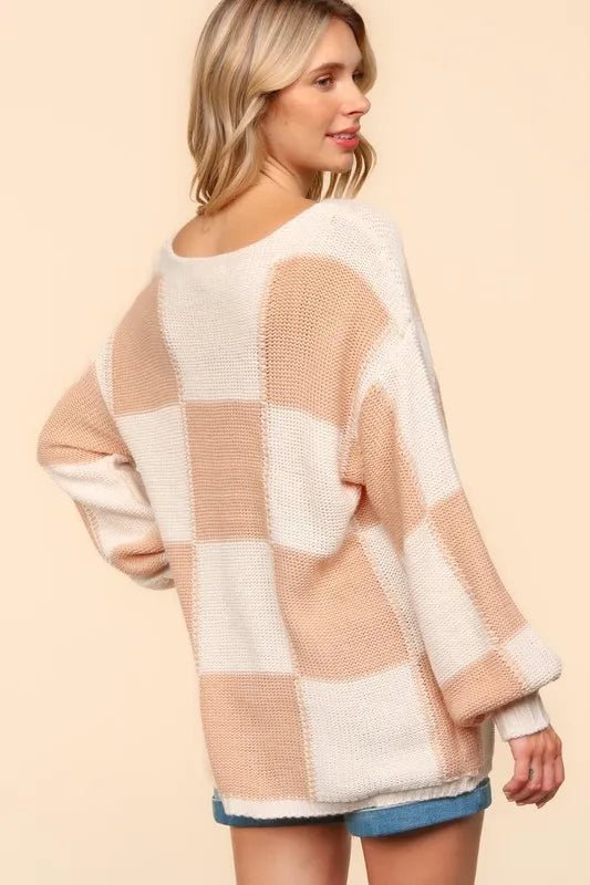 Haptics Full Size Checkered Round Neck Drop Shoulder Sweater - Nikki &amp; Co. Boutique