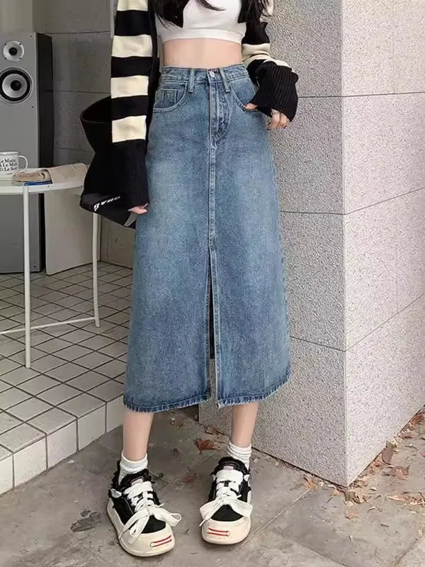 Summer New High-Waist Slit Denim Skirt for Women Washed Retro A-Line Skirt Hip Covering Straight Long Skirt