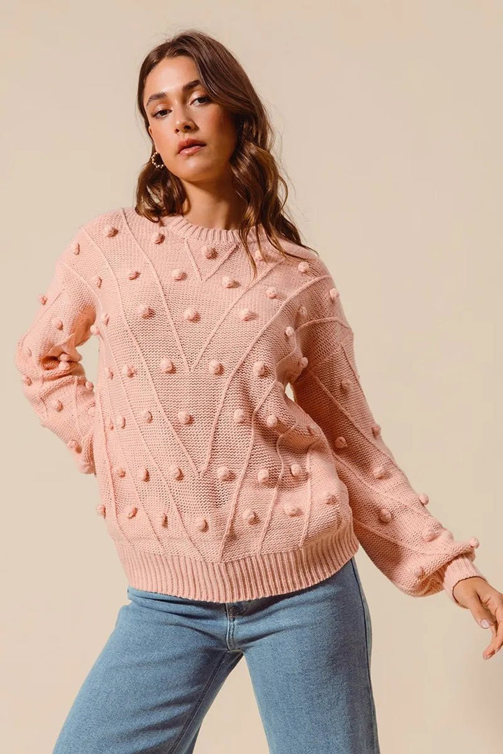 SO ME Pom-Pom Textured-Knit Sweater Top | Blush - Nikki &amp; Co. Boutique