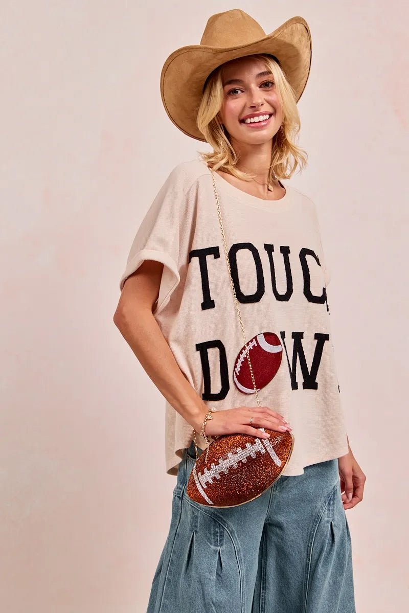 BiBi Touchdown Letter Patch Waffle Knit Top | Beige - Nikki &amp; Co. Boutique