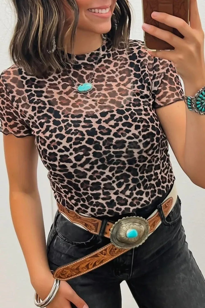 Leopard Print Sheer Mesh Short Sleeve Top - Nikki &amp; Co. Boutique