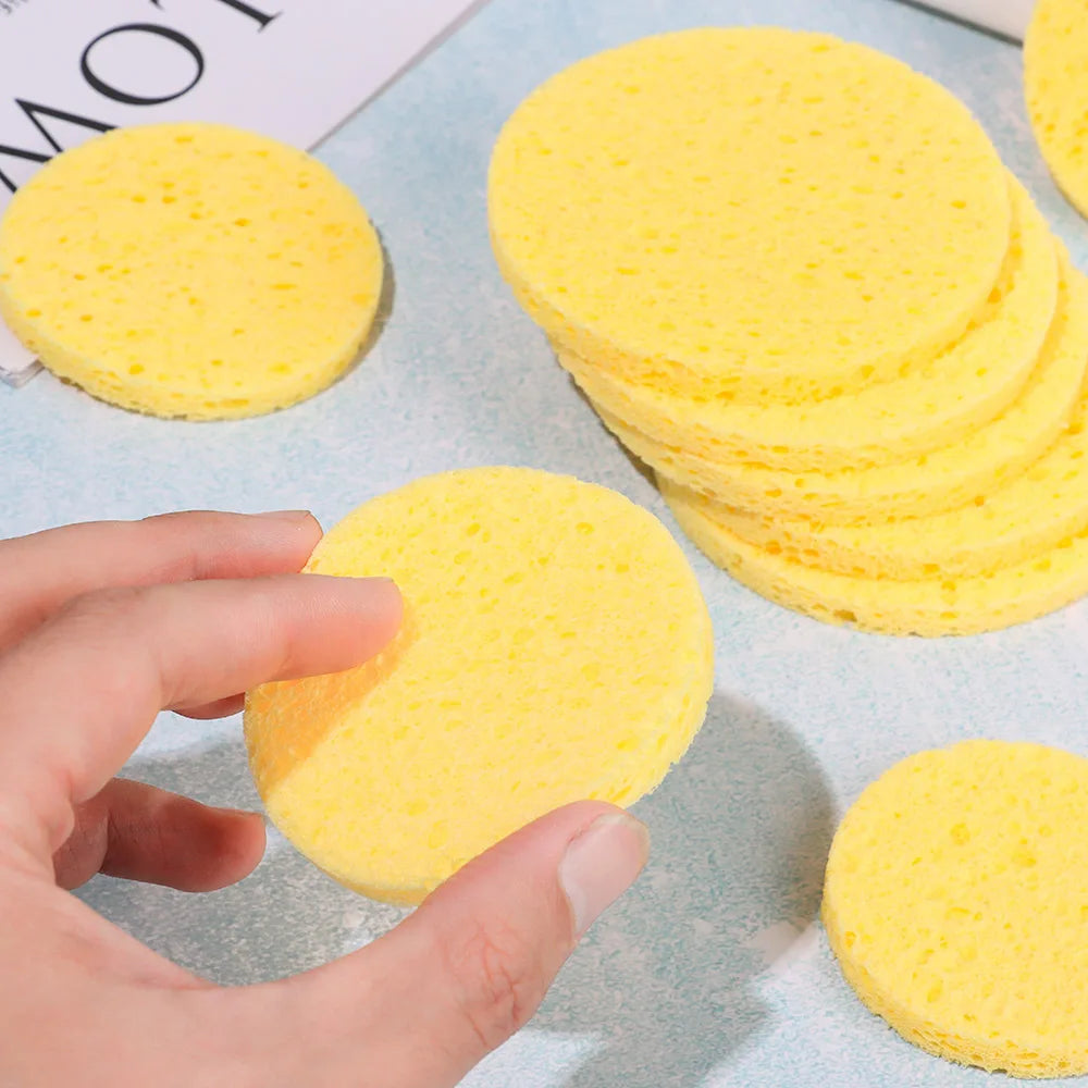 10 pcs 6-9cm Yellow Face Round Makeup Remover Tool, Wood Sponge Cellulose Cosmetic Puff, Cleansing Sponge, Facial Washing Sponge