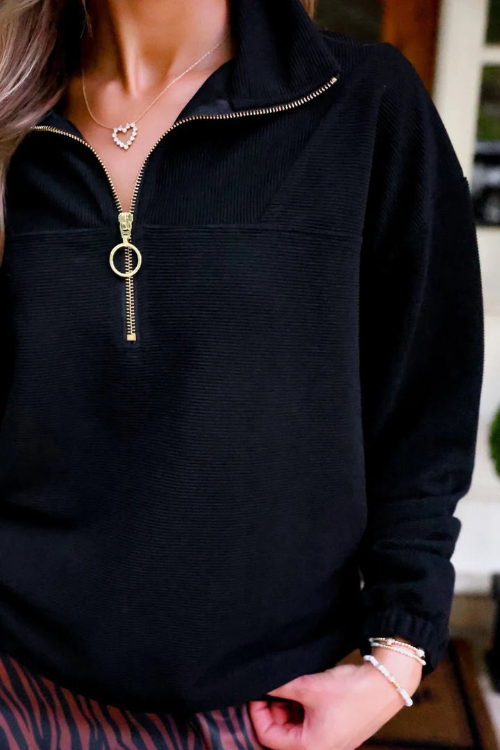 Levi Ribbed Quarter-Zip Pullover - Black &amp; Taupe (NP) - Nikki &amp; Co. Boutique