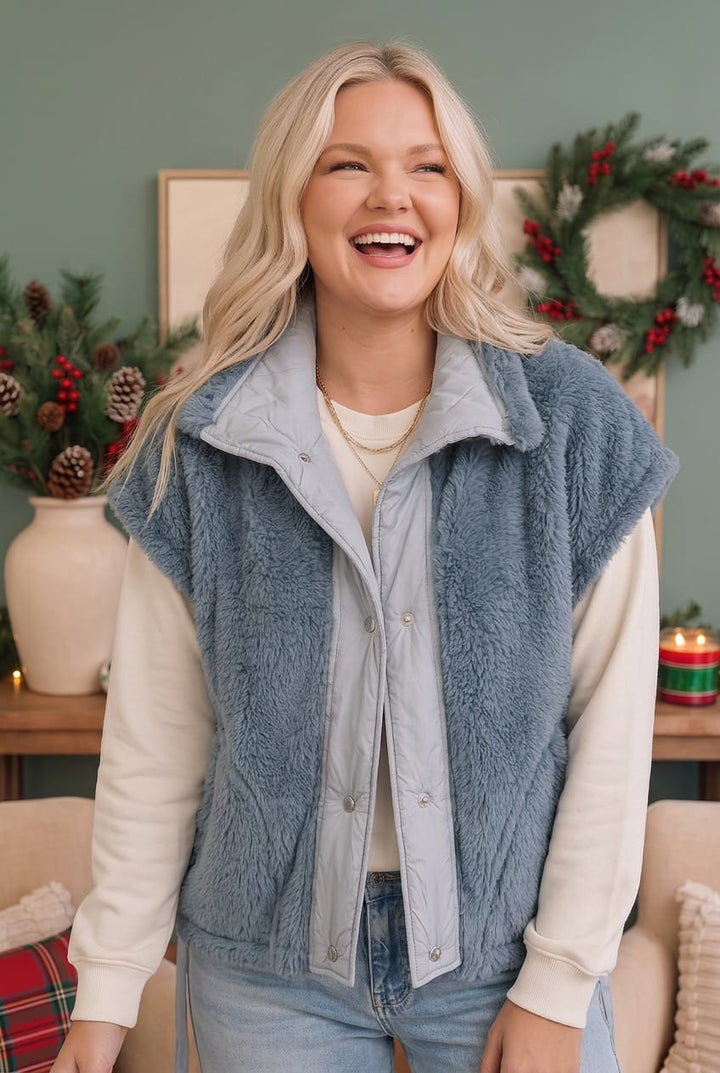 Snuggle Season Sherpa Vest in Slate - Nikki &amp; Co. Boutique