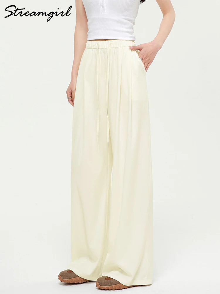 Summer Thin Lyocell Jeans Women Elastic Waist Ice Silk Wide Leg Denim Pants Pink Baggy Jeans For Women Summer Loose Trousers