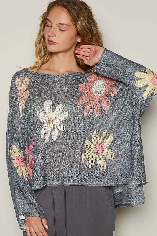 POL Flower Dropped Shoulder Long Sleeve Knit Top - Nikki &amp; Co. Boutique