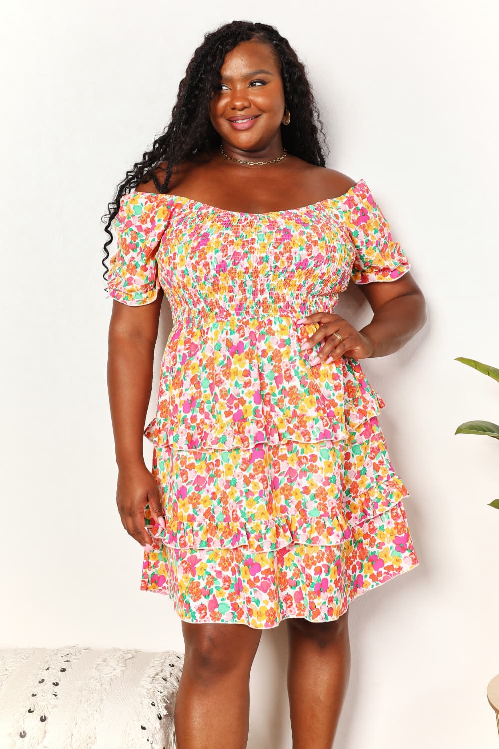 Devine Smocked Sweetheart Neck Flounce Sleeve Mini Dress in Strawberry - Nikki &amp; Co. Boutique