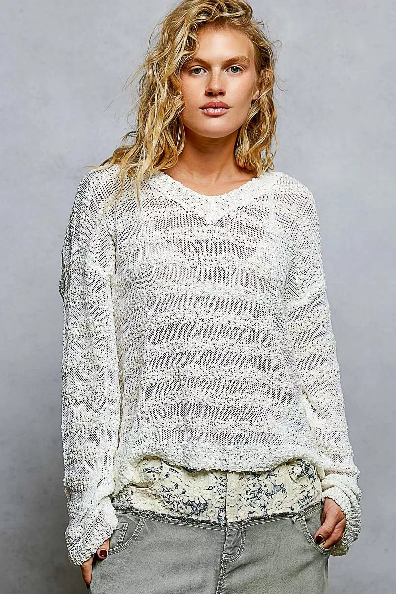 Stripe Pattern V-Neck Long Sleeve Knit Tops | Nikki & Co. Boutique