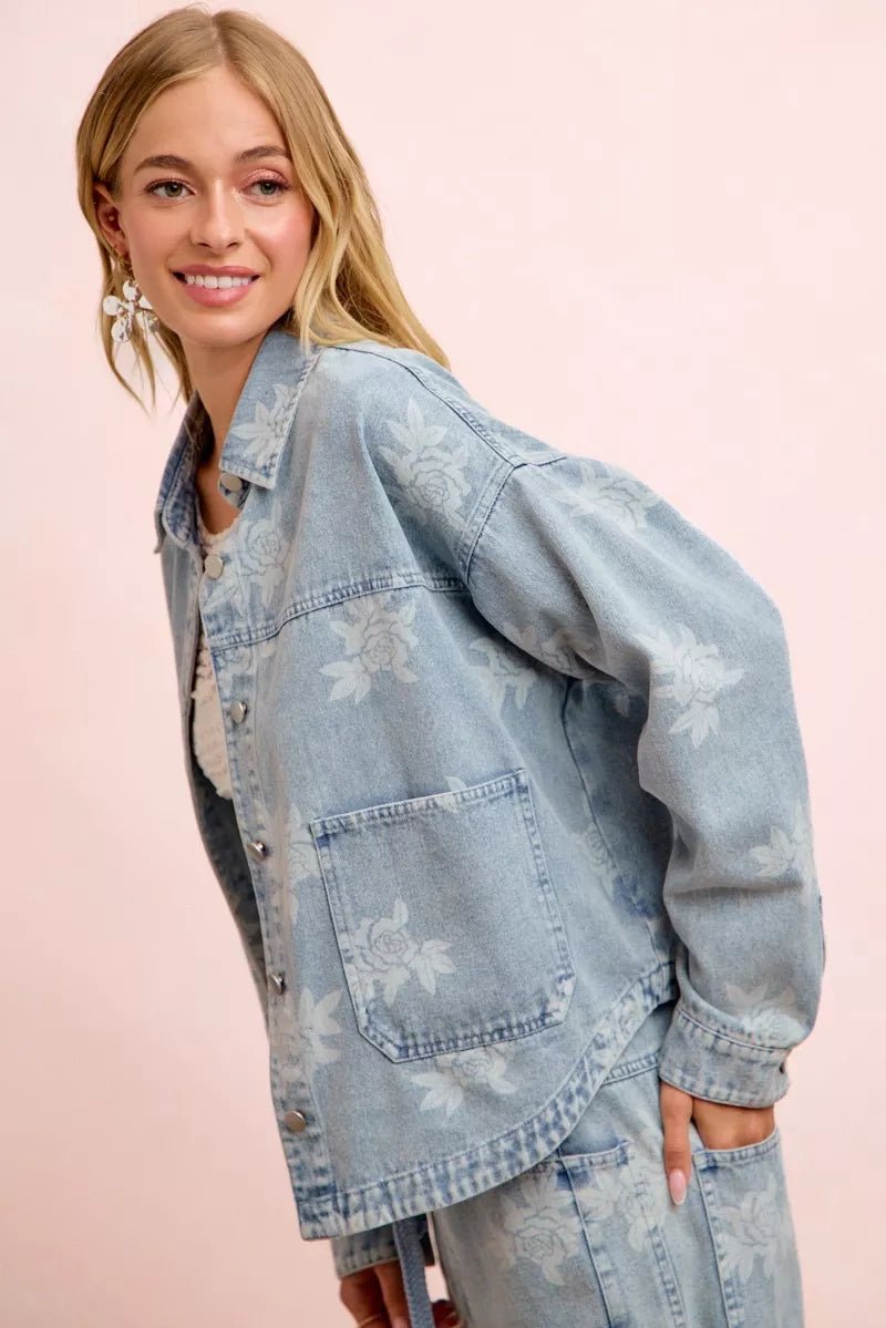 BiBi Printed Washed Denim Jacket With Pocket - Nikki &amp; Co. Boutique