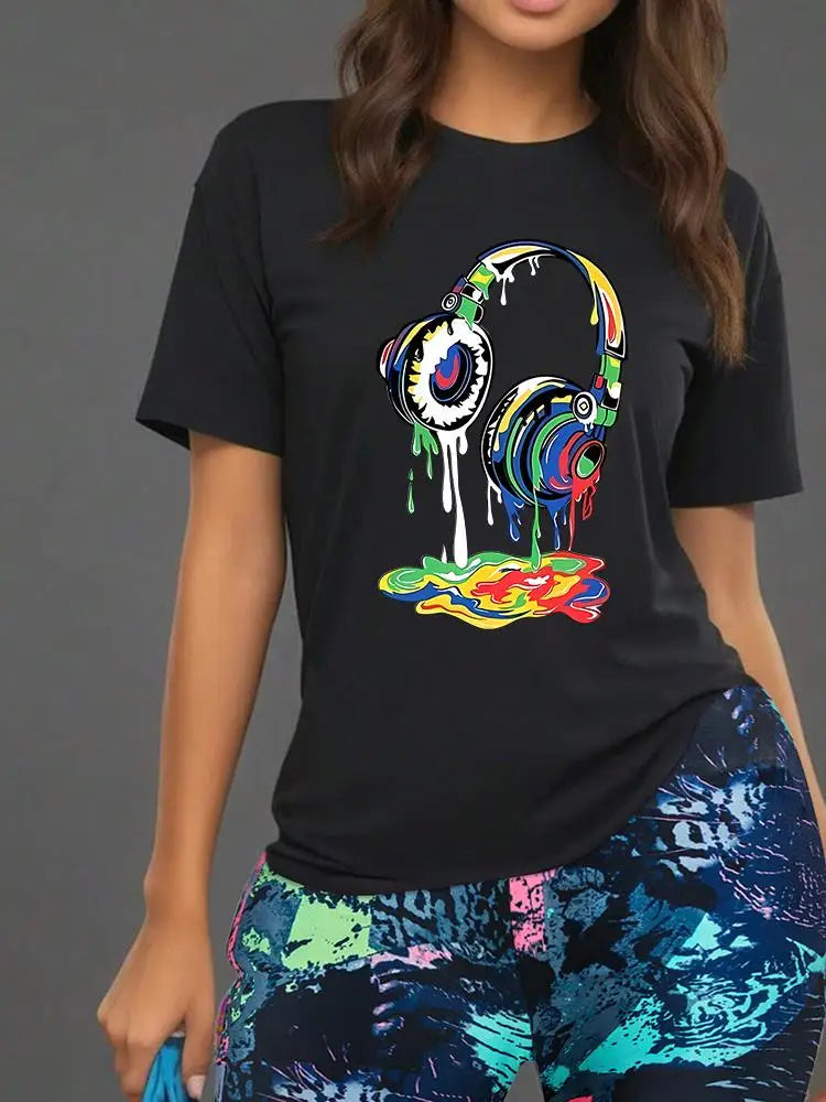 Color Earphones Print Women T Shirts Two Piece Set Fashion Novel Floral Shorts Sets Summer Breathable Cotton Shirt Shorts Female