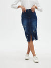 ZMTUO Dark Blue Denim Midi Skirt High waisted Distressed Slit Detail Women's Fashion Trendy Casual Look Street style