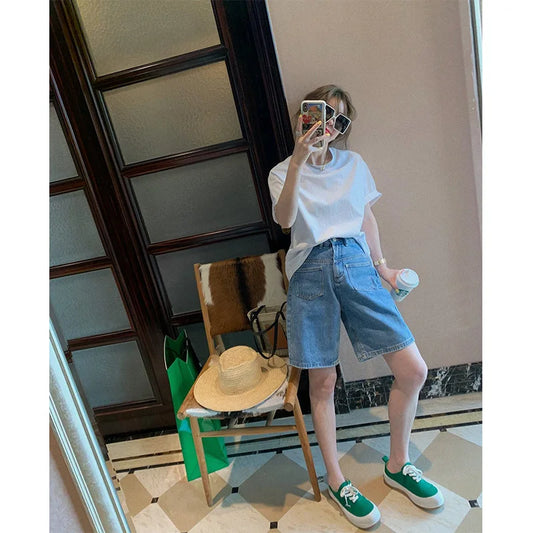 Plus Size Denim Wide Leg Short Pants Women Summer New Design Loose Slim Straight Five-Quarter Trendy Blue Jeans Casual Shorts