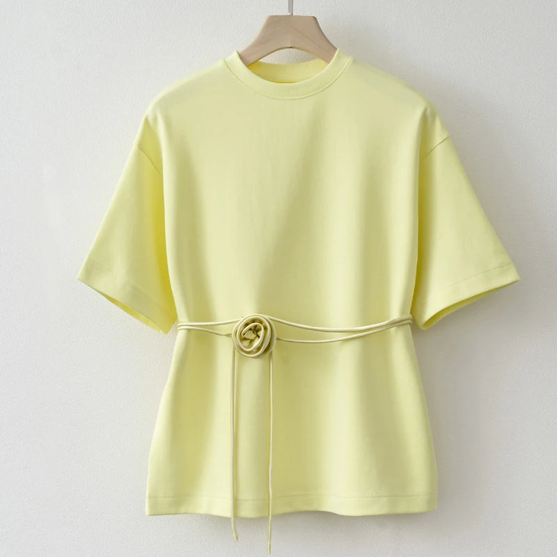 Summer Basic Yellow White Flower T shirt Top